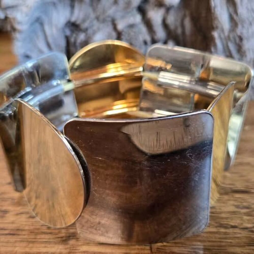 Stretch Bracelet Gold & Silver Tone Geometric Wide Statement Bracelet